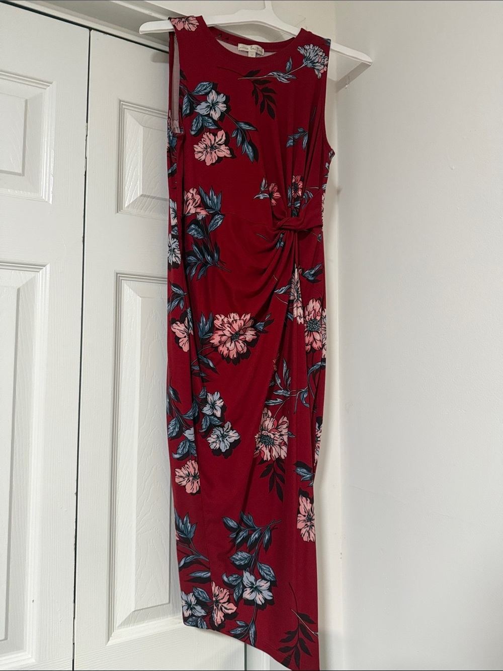 nine britton Red Floral Midi Dress with Side Knot